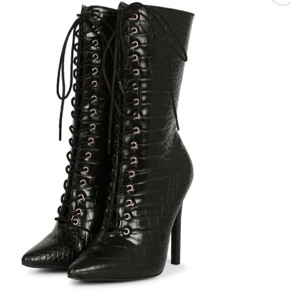 Pointed Lace-Up Mid Calf Crocodile Heeled Boot 
Size 7